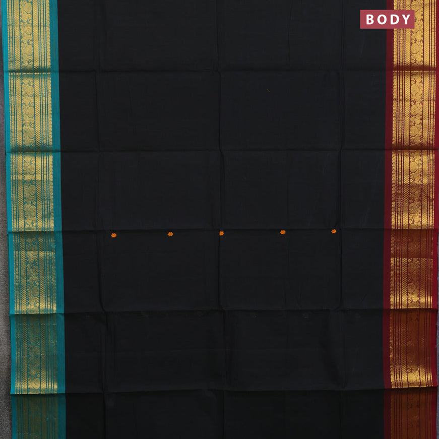 Chettinad cotton saree black with thread woven buttas and ganga jamuna border & woven blouse