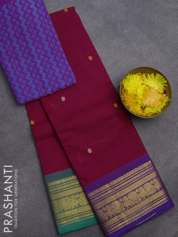 Chettinad cotton saree pink with thread woven buttas and ganga jamuna border & woven blouse