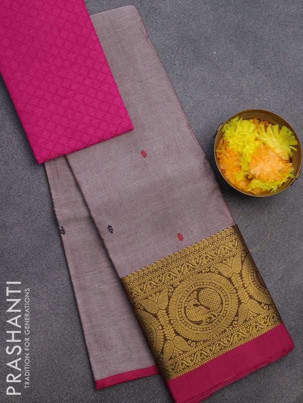 Chettinad cotton saree grey shade and magenta pink with woven buttas and zari woven border & woven blouse