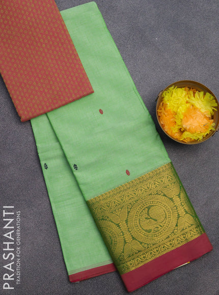 Chettinad cotton saree light green and pink with woven buttas and zari woven border & woven blouse