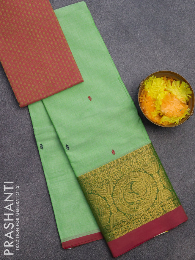 Chettinad cotton saree light green and pink with woven buttas and zari woven border & woven blouse