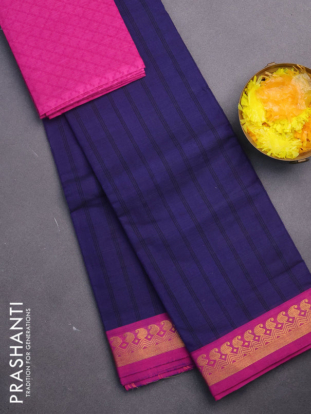 Chettinad cotton saree blue and pink with allover stripes pattern and zari woven border & woven blouse