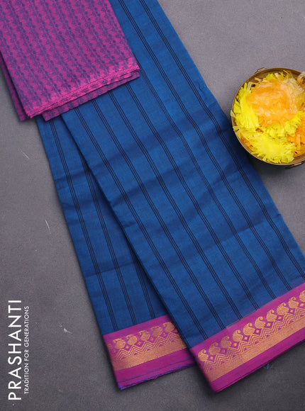 Chettinad cotton saree peacock blue and magenta pink with allover stripes pattern and zari woven border & woven blouse