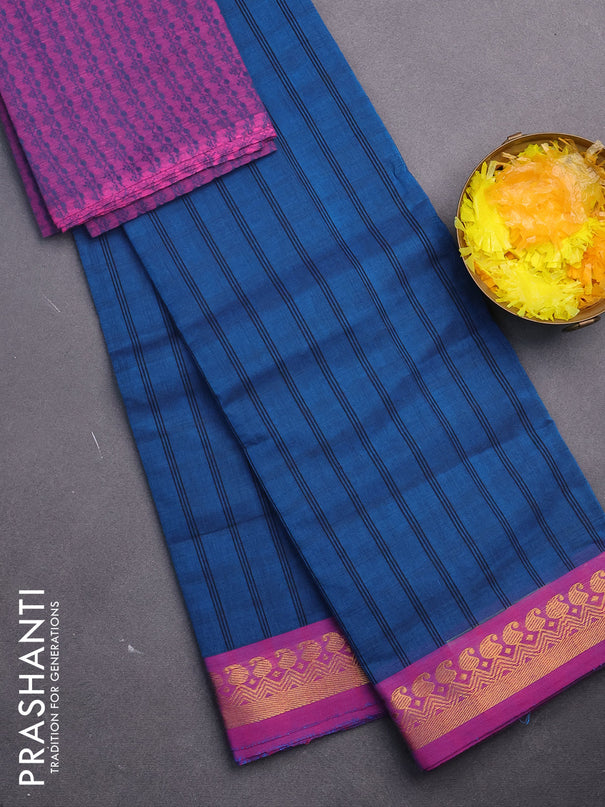 Chettinad cotton saree peacock blue and magenta pink with allover stripes pattern and zari woven border & woven blouse