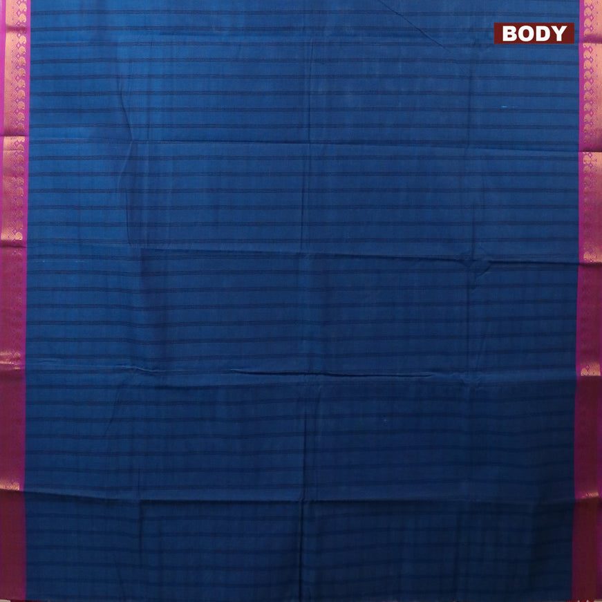 Chettinad cotton saree peacock blue and magenta pink with allover stripes pattern and zari woven border & woven blouse