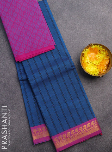 Chettinad cotton saree cs blue and magenta pink with allover stripes pattern and zari woven border & woven blouse