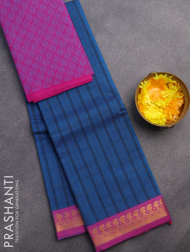 Chettinad cotton saree cs blue and magenta pink with allover stripes pattern and zari woven border & woven blouse