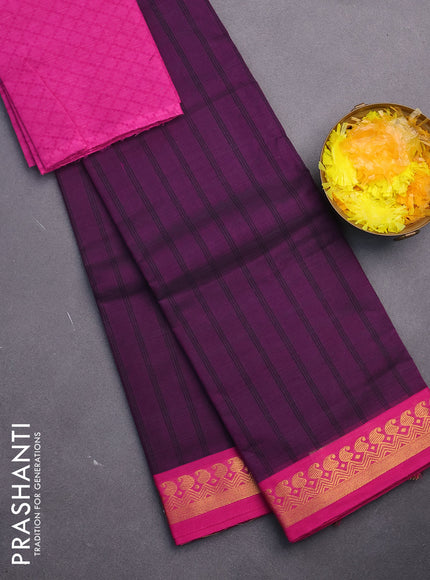 Chettinad cotton saree violet and pink with allover stripes pattern and zari woven border & woven blouse