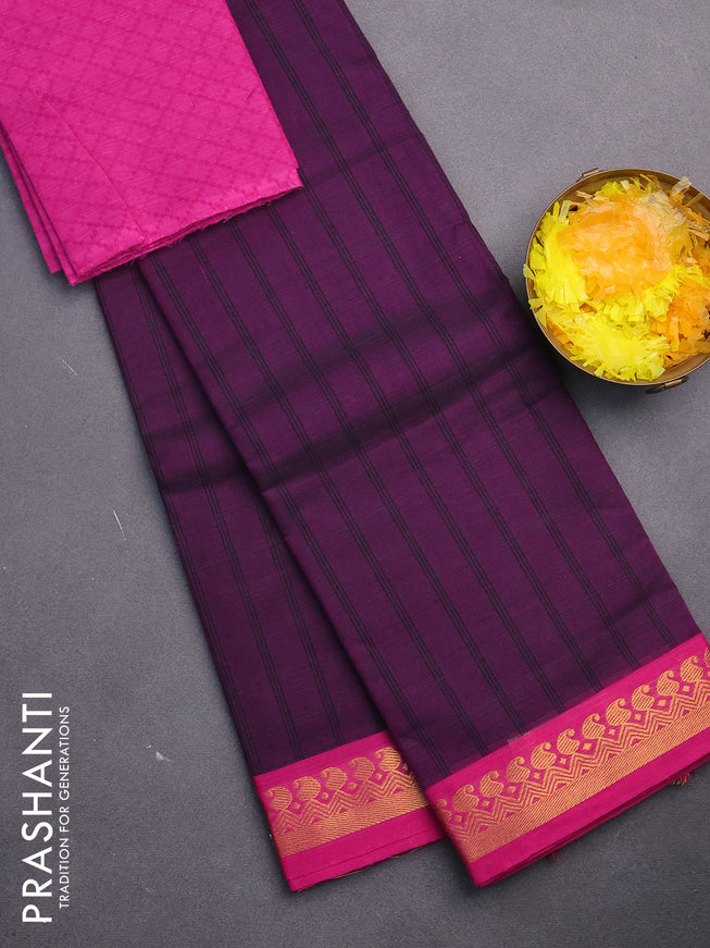 Chettinad cotton saree violet and pink with allover stripes pattern and zari woven border & woven blouse