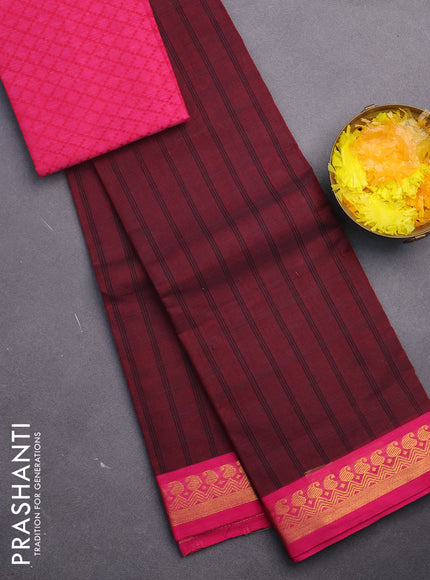 Chettinad cotton saree maroon and pink with allover stripes pattern and zari woven border & woven blouse