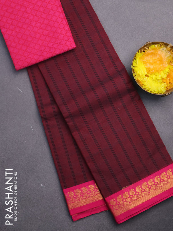 Chettinad cotton saree maroon and pink with allover stripes pattern and zari woven border & woven blouse