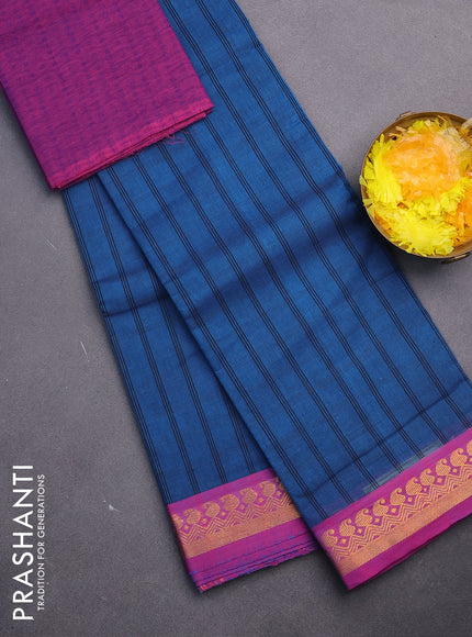 Chettinad cotton saree peacock blue and magenta pink with allover stripes pattern and zari woven border & woven blouse