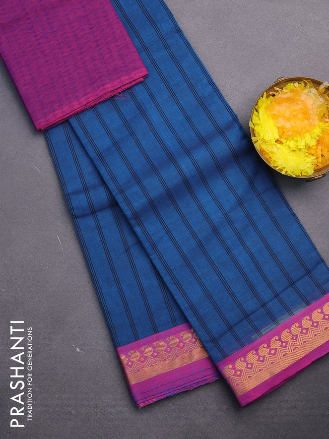 Chettinad cotton saree peacock blue and magenta pink with allover stripes pattern and zari woven border & woven blouse