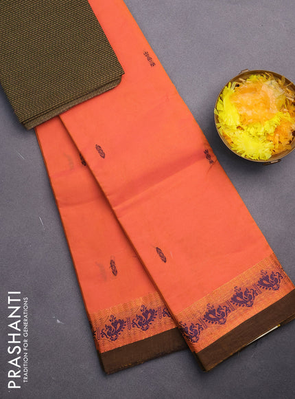 Chettinad cotton saree dual shade of peach orange with thread woven buttas and zari woven border & woven blouse