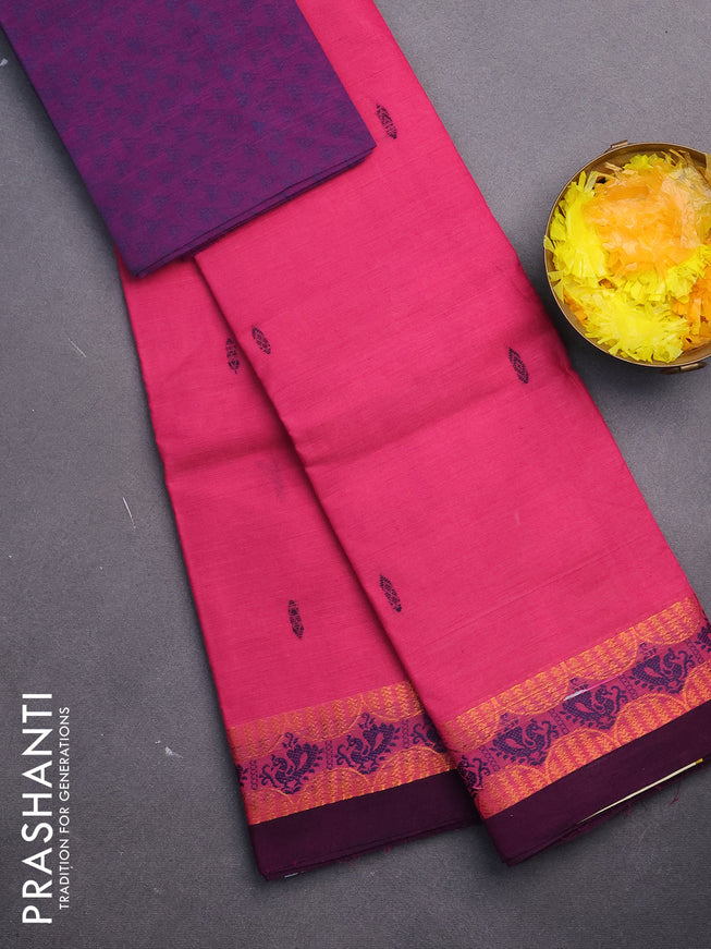 Chettinad cotton saree pink and purple with thread woven buttas and zari woven border & woven blouse