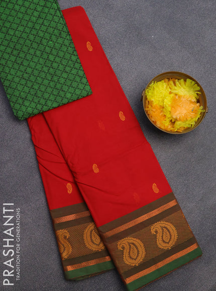 Chettinad cotton saree red and dual shade of green with thread woven buttas and rettapet zari woven border & woven blouse