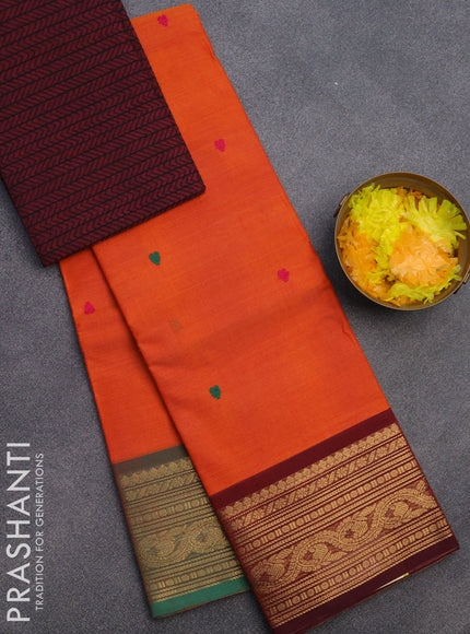 Chettinad cotton saree orange with thread woven buttas and ganga jamuna border & woven blouse