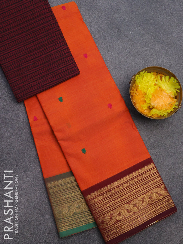 Chettinad cotton saree orange with thread woven buttas and ganga jamuna border & woven blouse