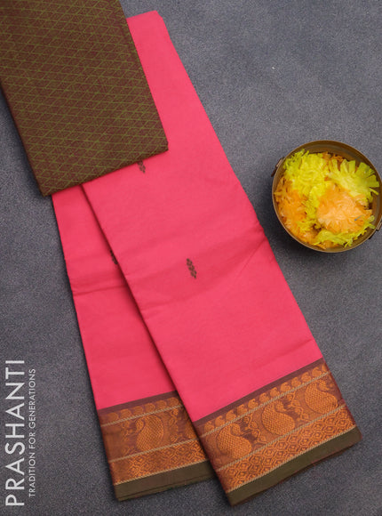 Chettinad cotton saree candy pink and green shade with thread woven buttas and zari woven border & woven blouse