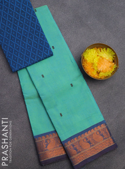 Chettinad cotton saree teal blue and peacock blue with thread woven buttas and zari woven border & woven blouse