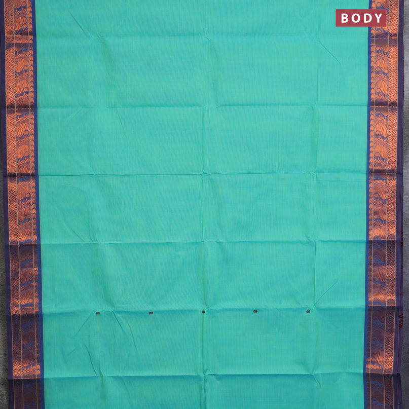 Chettinad cotton saree teal blue and peacock blue with thread woven buttas and zari woven border & woven blouse