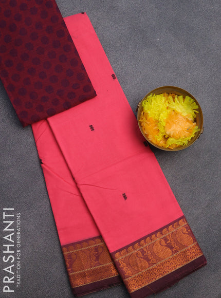 Chettinad cotton saree candy pink and maroon shade with thread woven buttas and zari woven border & woven blouse