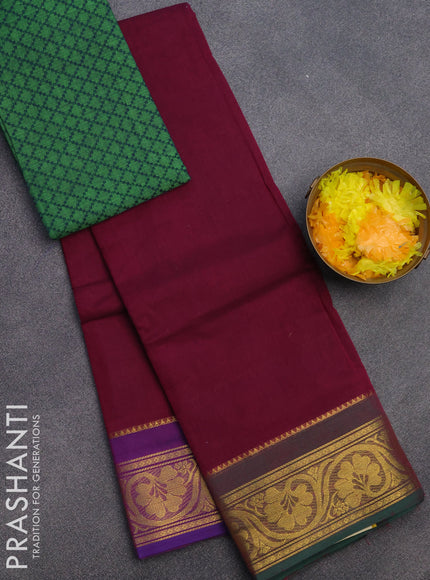 Chettinad cotton saree magenta pink and green shade with plain body and zari woven border & woven blouse