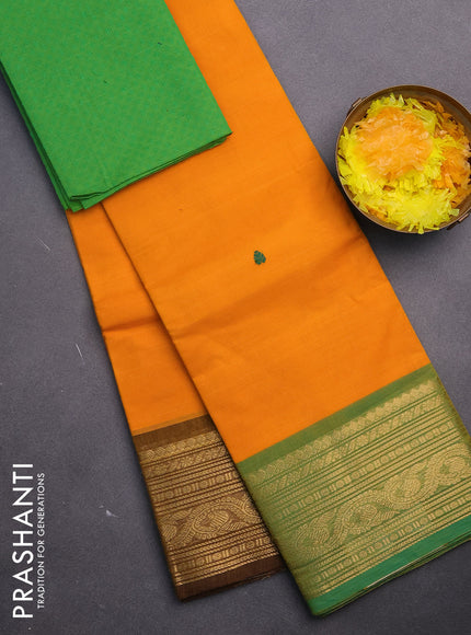 Chettinad cotton saree mango yellow with thread woven buttas and ganga jamuna border & woven blouse