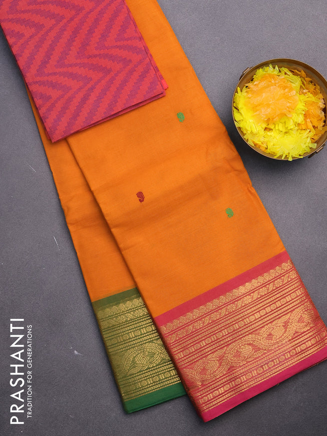 Chettinad cotton saree orange with thread woven buttas and ganga jamuna border & woven blouse