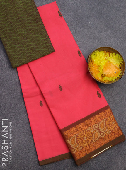 Chettinad cotton saree candy pink and green shade with woven buttas and woven border & woven blouse