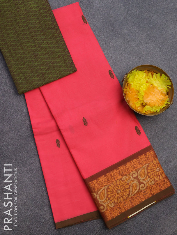 Chettinad cotton saree candy pink and green shade with woven buttas and woven border & woven blouse