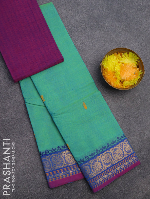 Chettinad cotton saree teal green and magenta pink with woven buttas and zari woven border & woven blouse