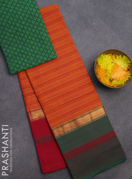 Chettinad cotton saree dual shade of mustard with allover stripes pattern and ganga jamuna border & woven blouse