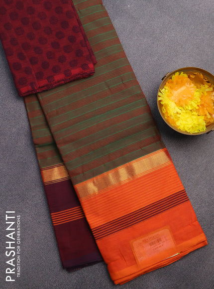 Chettinad cotton saree dual shade of green with allover stripes pattern and ganga jamuna border & woven blouse