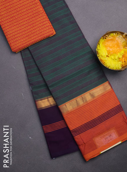 Chettinad cotton saree dual shade of green with allover stripes pattern and ganga jamuna border & woven blouse