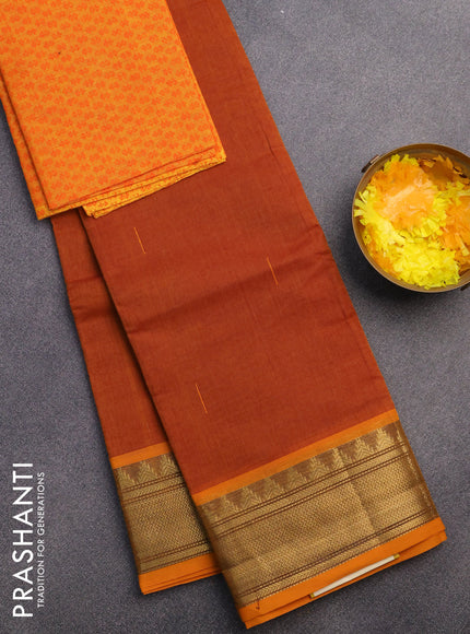 Chettinad cotton saree rust shade and mango yellow with woven buttas and ganga jamuna border & woven blouse