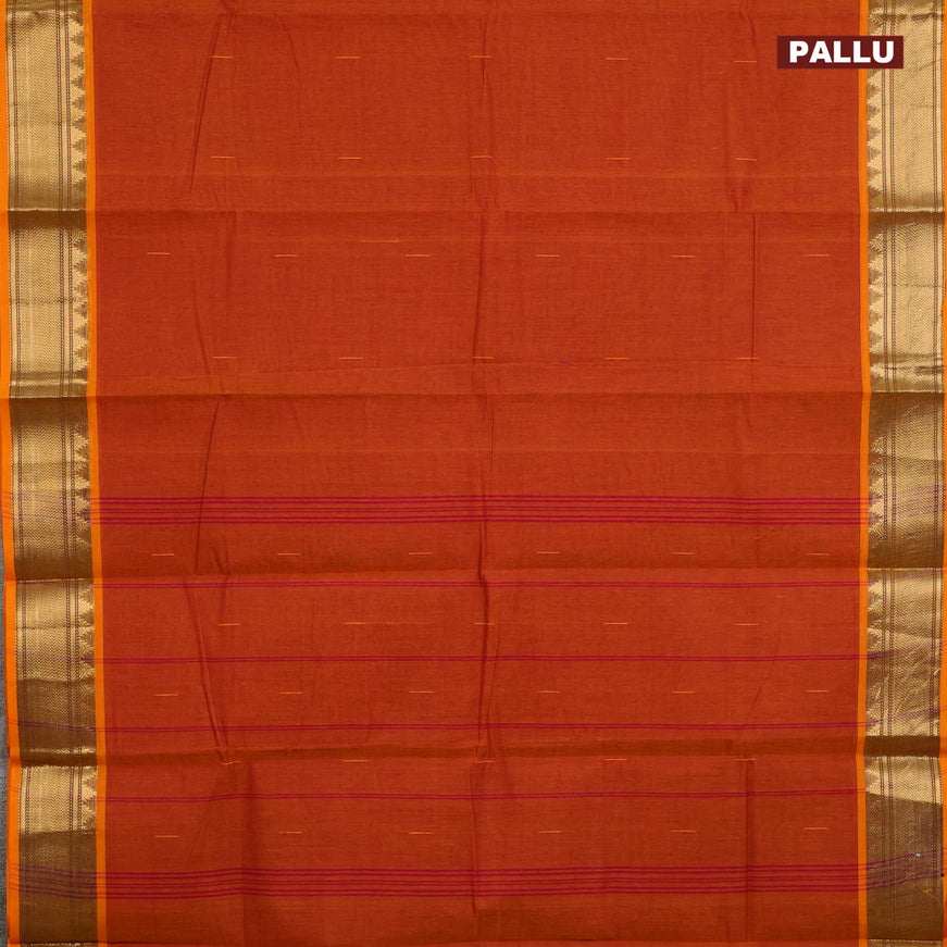 Chettinad cotton saree rust shade and mango yellow with woven buttas and ganga jamuna border & woven blouse