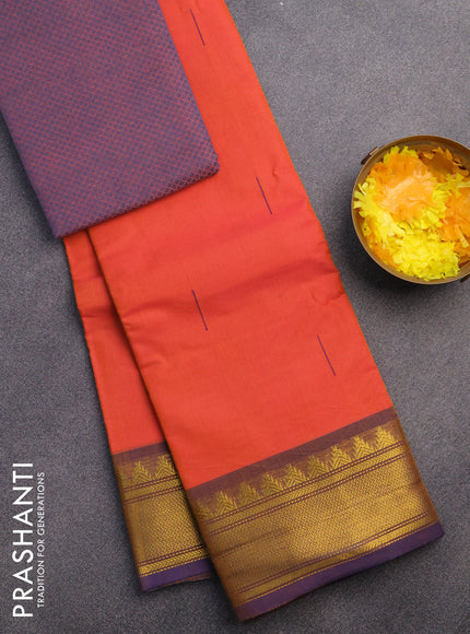 Chettinad cotton saree dual shade of pinkish orange and blue with woven buttas and zari woven border & woven blouse