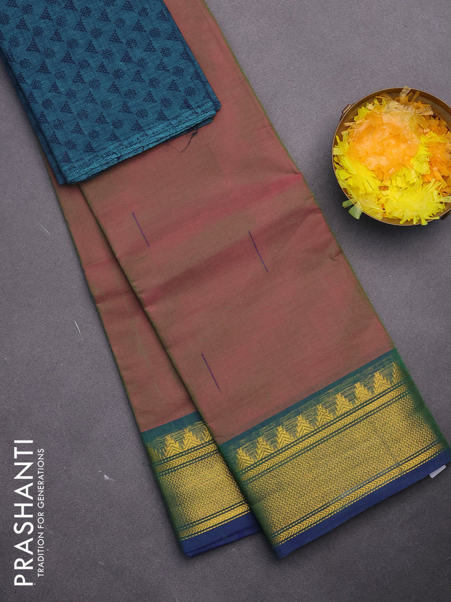 Chettinad cotton saree dual shade of pinkish green and dual shade of blue with woven buttas and zari woven border & woven blouse