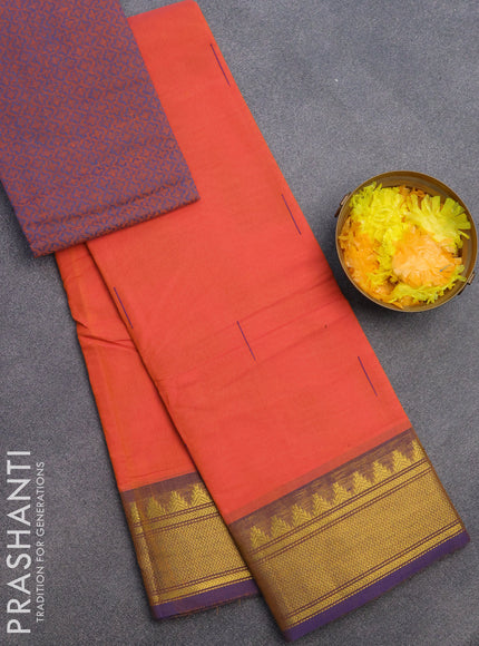 Chettinad cotton saree dual shade of pinkish orange and dual shade of blue with woven buttas and zari woven border & woven blouse