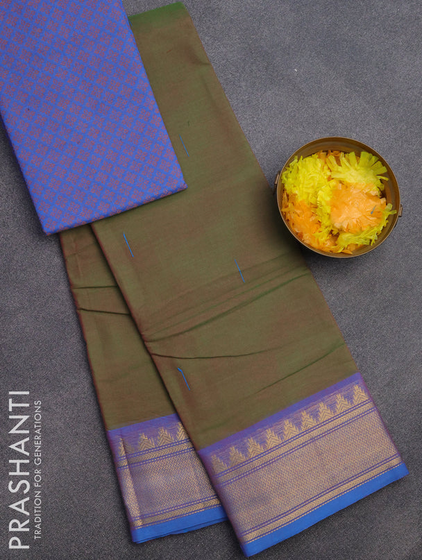 Chettinad cotton saree dual shade of green and cs blue with woven buttas and zari woven border & woven blouse