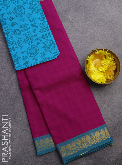 Chettinad cotton saree magenta pink and teal green with allover checked pattern and zari woven border & woven blouse