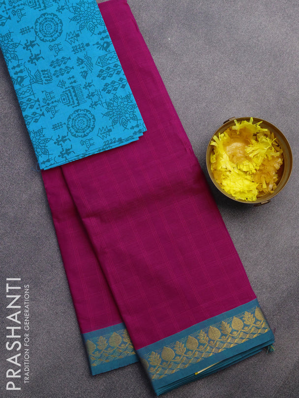 Chettinad cotton saree magenta pink and teal green with allover checked pattern and zari woven border & woven blouse