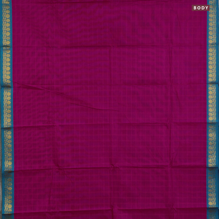 Chettinad cotton saree magenta pink and teal green with allover checked pattern and zari woven border & woven blouse