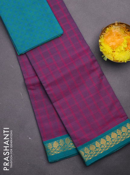 Chettinad cotton saree magenta pink and teal green with allover checked pattern and zari woven border & woven blouse