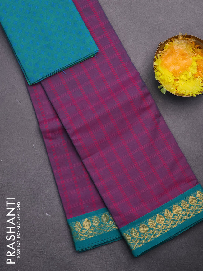 Chettinad cotton saree magenta pink and teal green with allover checked pattern and zari woven border & woven blouse