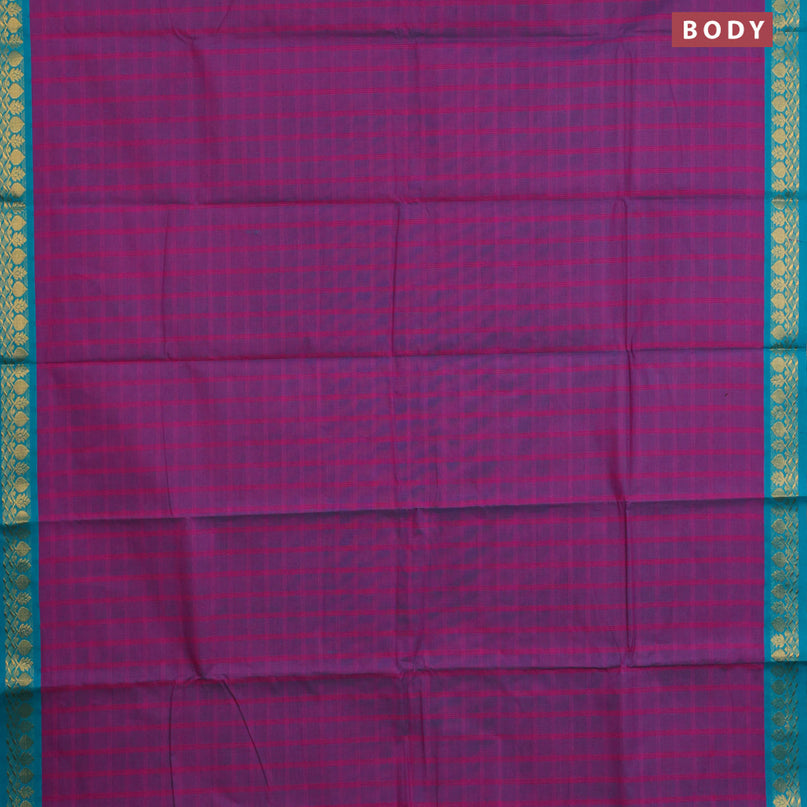 Chettinad cotton saree magenta pink and teal green with allover checked pattern and zari woven border & woven blouse