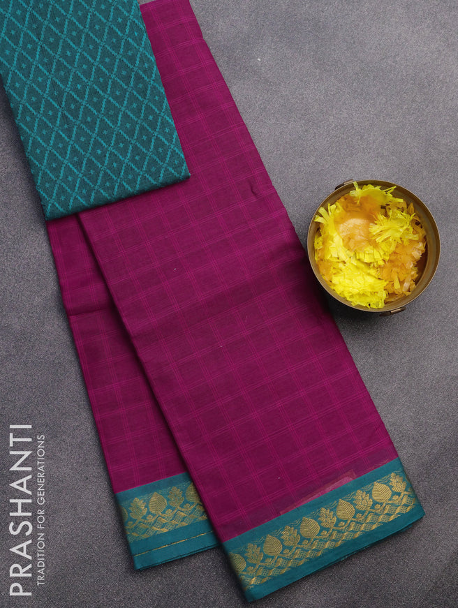 Chettinad cotton saree magenta pink and teal green with allover checked pattern and zari woven border & woven blouse