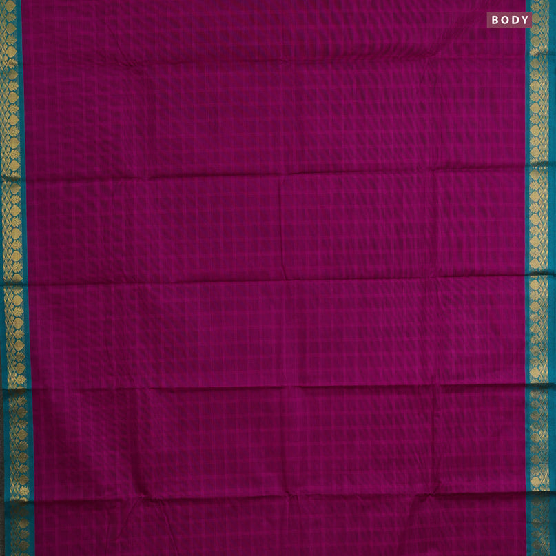 Chettinad cotton saree magenta pink and teal green with allover checked pattern and zari woven border & woven blouse