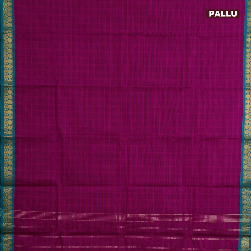 Chettinad cotton saree magenta pink and teal green with allover checked pattern and zari woven border & woven blouse